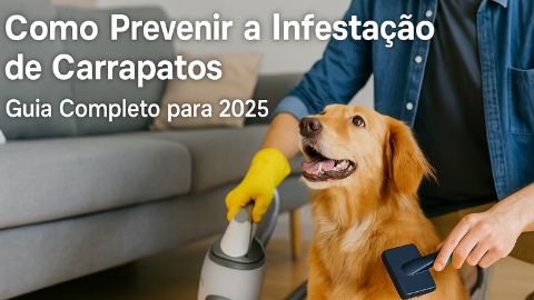 Tutor escovando o cachorro e limpando o ambiente, representando as boas práticas para prevenir carrapatos em pets