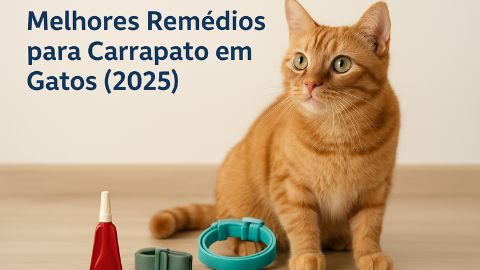 Gato saudável e bem cuidado ao lado de produtos antiparasitários coloridos, representando os melhores remédios para carrapato em gatos