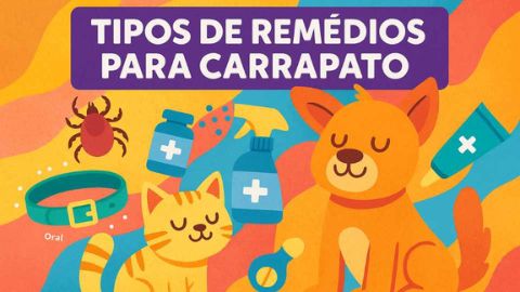 Comprimidos, pipetas, coleiras antiparasitárias e sprays coloridos ao lado de um cachorro e um gato saudáveis