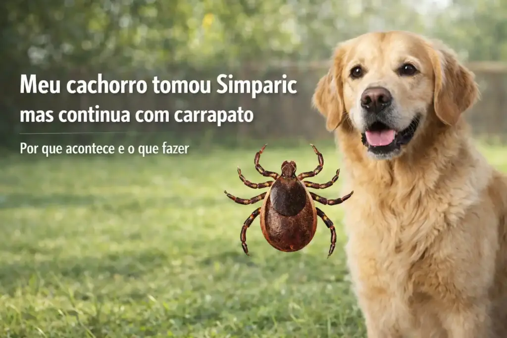 Um cachorro em um gramado, a raça do cão é Golden, o cão tomou Simparic